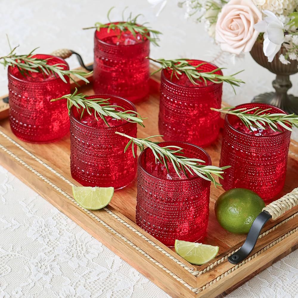 Kate Aspen Hobnail Beaded Red Drinking Glasses Set of 6, (10 oz) Vintage Glassware Set Cocktail G... | Amazon (US)