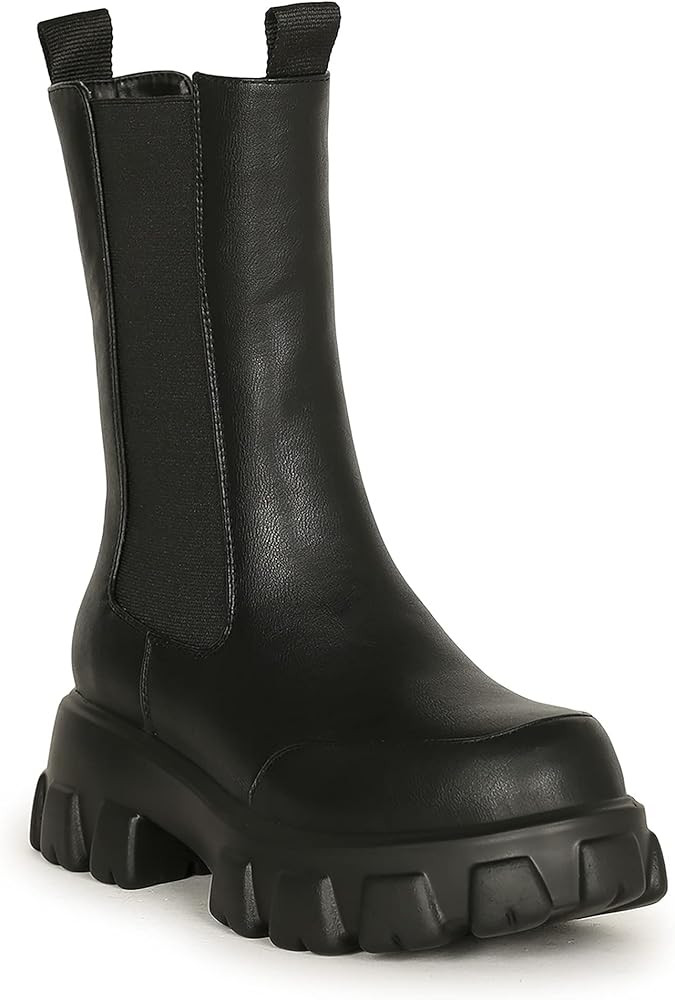 Alrisco Women's Mid Calf Boot Chunky Elastic Collar Round Toe Lightweight Lugged Sole Pull On Boot b | Amazon (US)