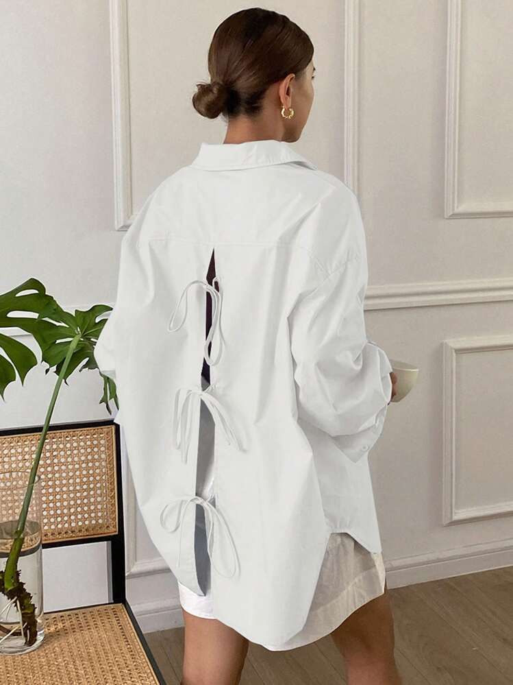 Livesso Solid Color Loose Long Sleeve Shirt With Collar, Back Slit, Self-Tie Bow For Women,Fall Clothes Preppy Tops | SHEIN