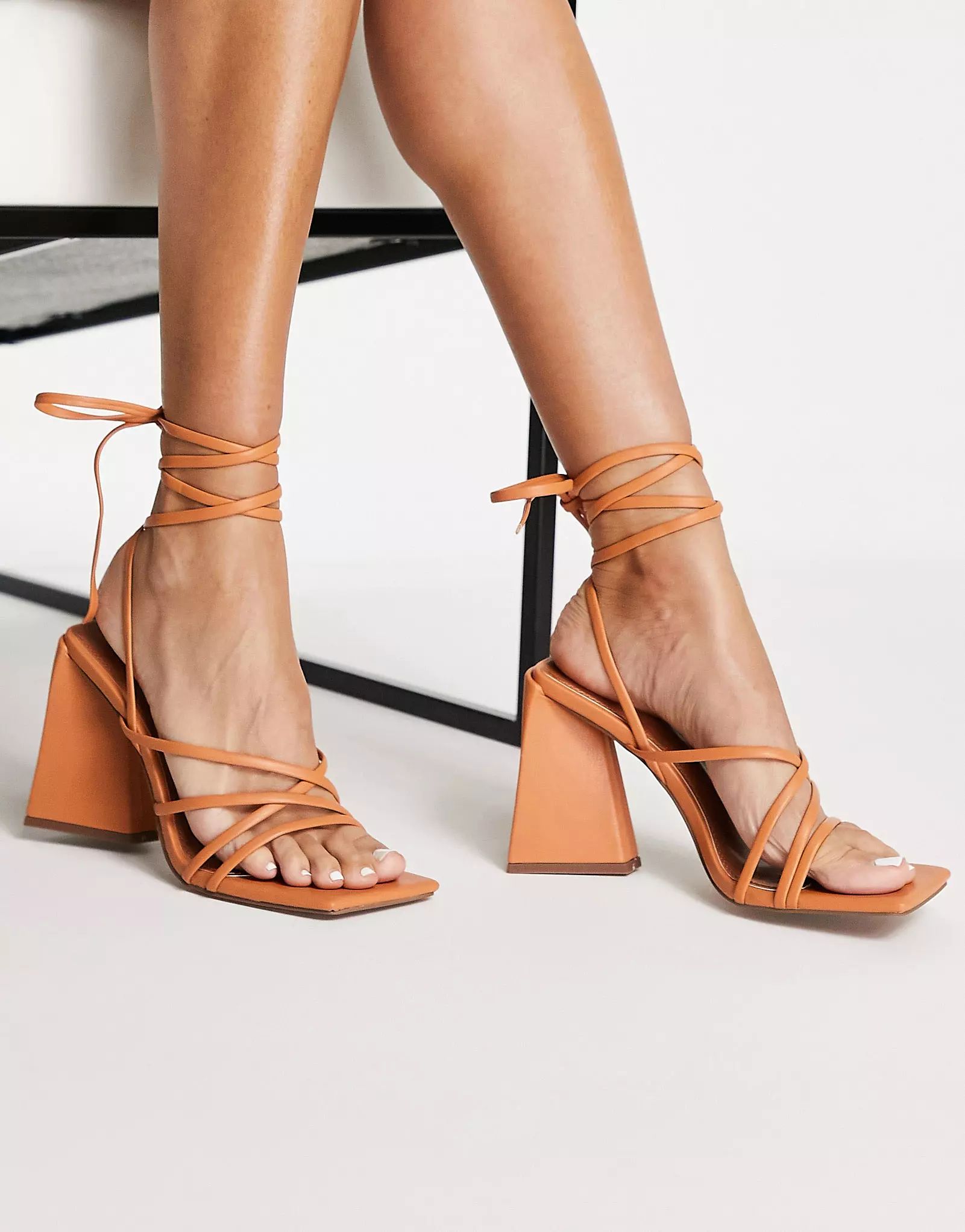 ASOS DESIGN Nura strappy block heeled sandals in camel | ASOS (Global)