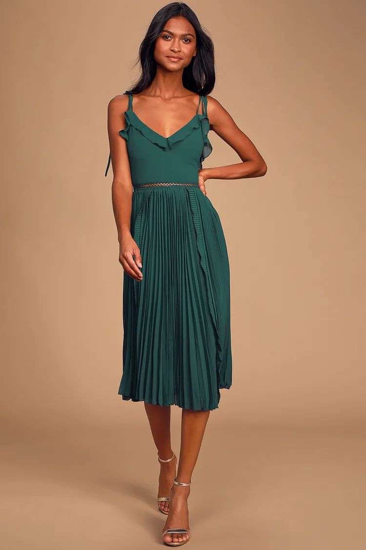 Never a Dull Moment Emerald Green Tie-Strap Pleated Midi Dress | Lulus