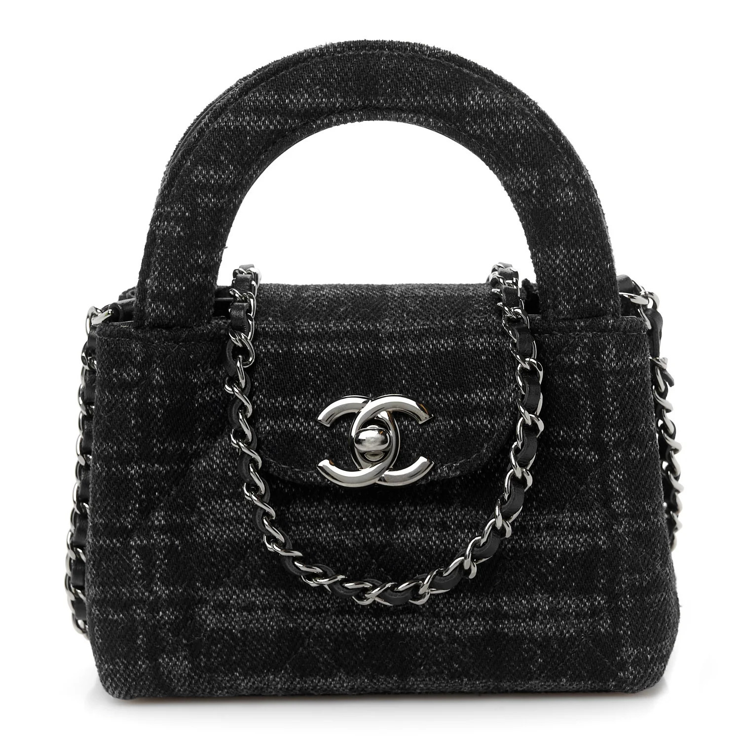 Chanel Printed Denim Quilted Mini Nano Kelly Shopper Black Grey 1758143 | FASHIONPHILE (US)