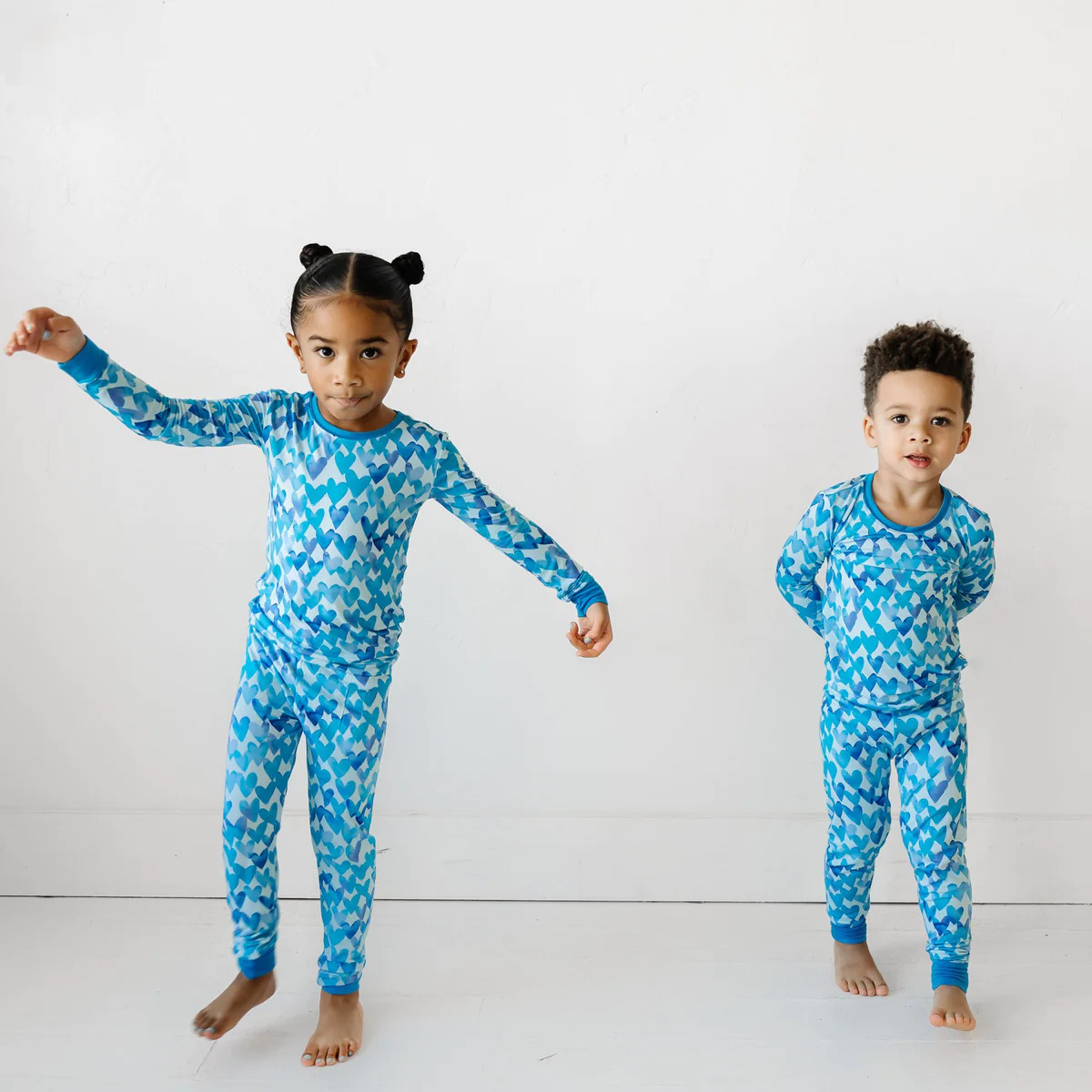 Blue Watercolor Hearts Two-Piece Bamboo Viscose Pajama Set | Little Sleepies