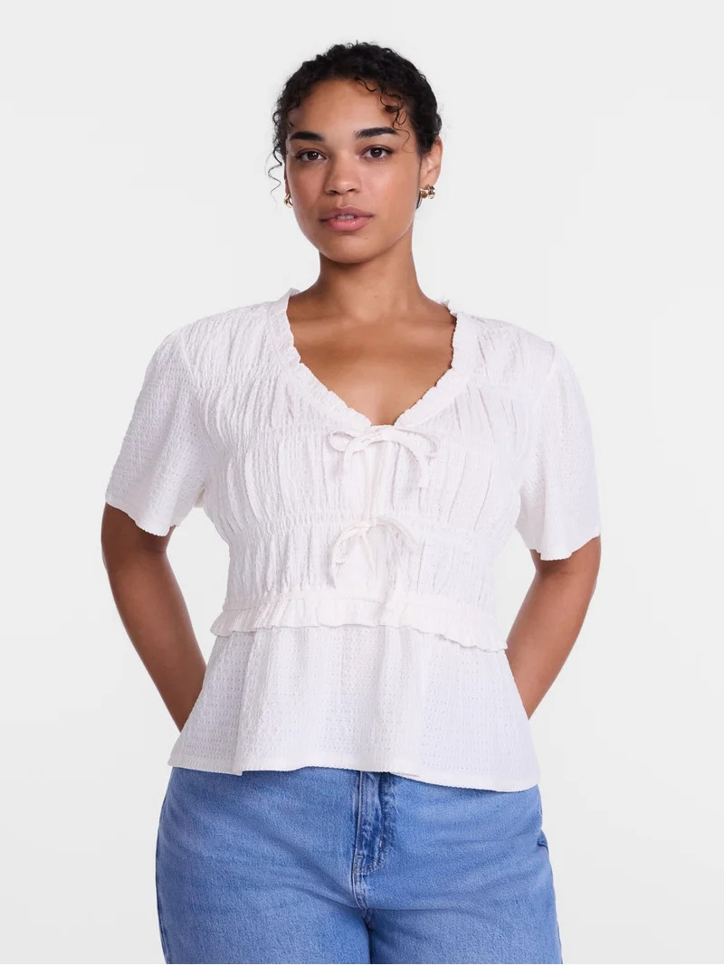Scenario Women's and Women's Plus Textured Tie Front Top, Sizes XS-4X | Walmart (US)