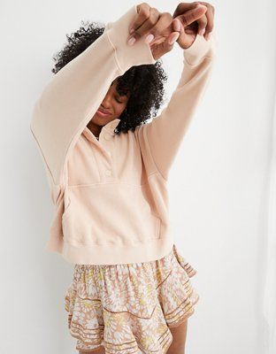 Aerie Button Mock Neck Cropped Sweatshirt | American Eagle Outfitters (US & CA)