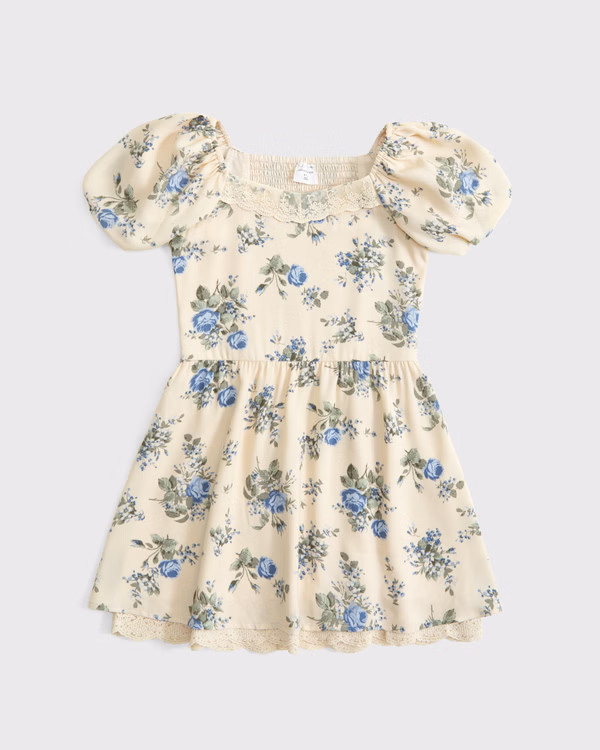 puff sleeve lace-trim mini dress | Abercrombie & Fitch (US)