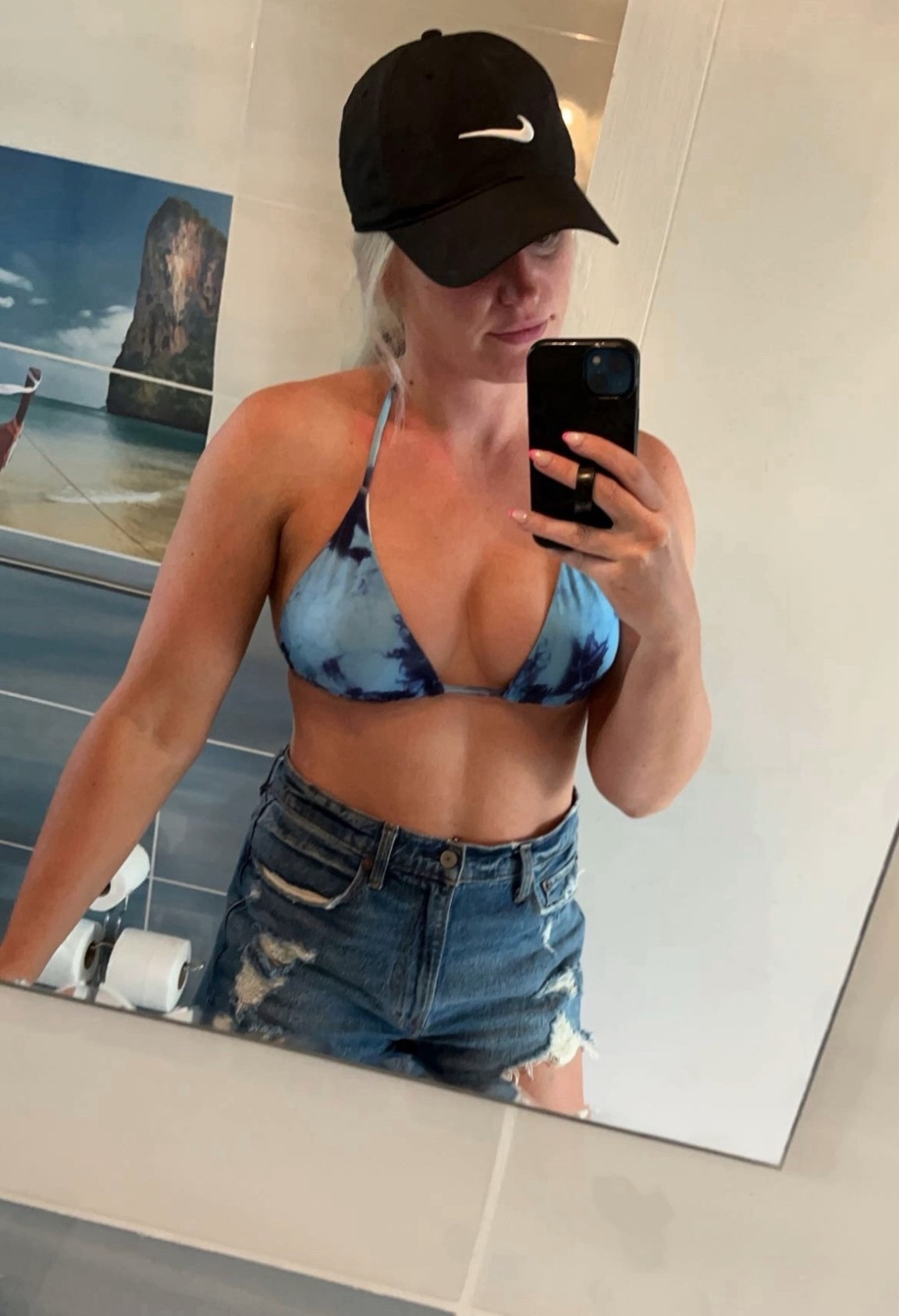 The summer staple uniform you’ll catch me in all summer long. A Nike black hat just goes with absolutely everything. The bikini I’m wearing here is my absolute favorite and go to every single time. It’s a blue tie-dye triangle tie top with slip on bottoms that never fail to flatter. And what is summer without an Abercrombie curve fit jean short!? 

Start collecting your summer staples now because warm weather is coming ☀️🫶🏼👙

#LTKActive #LTKSeasonal #LTKdayinmylife