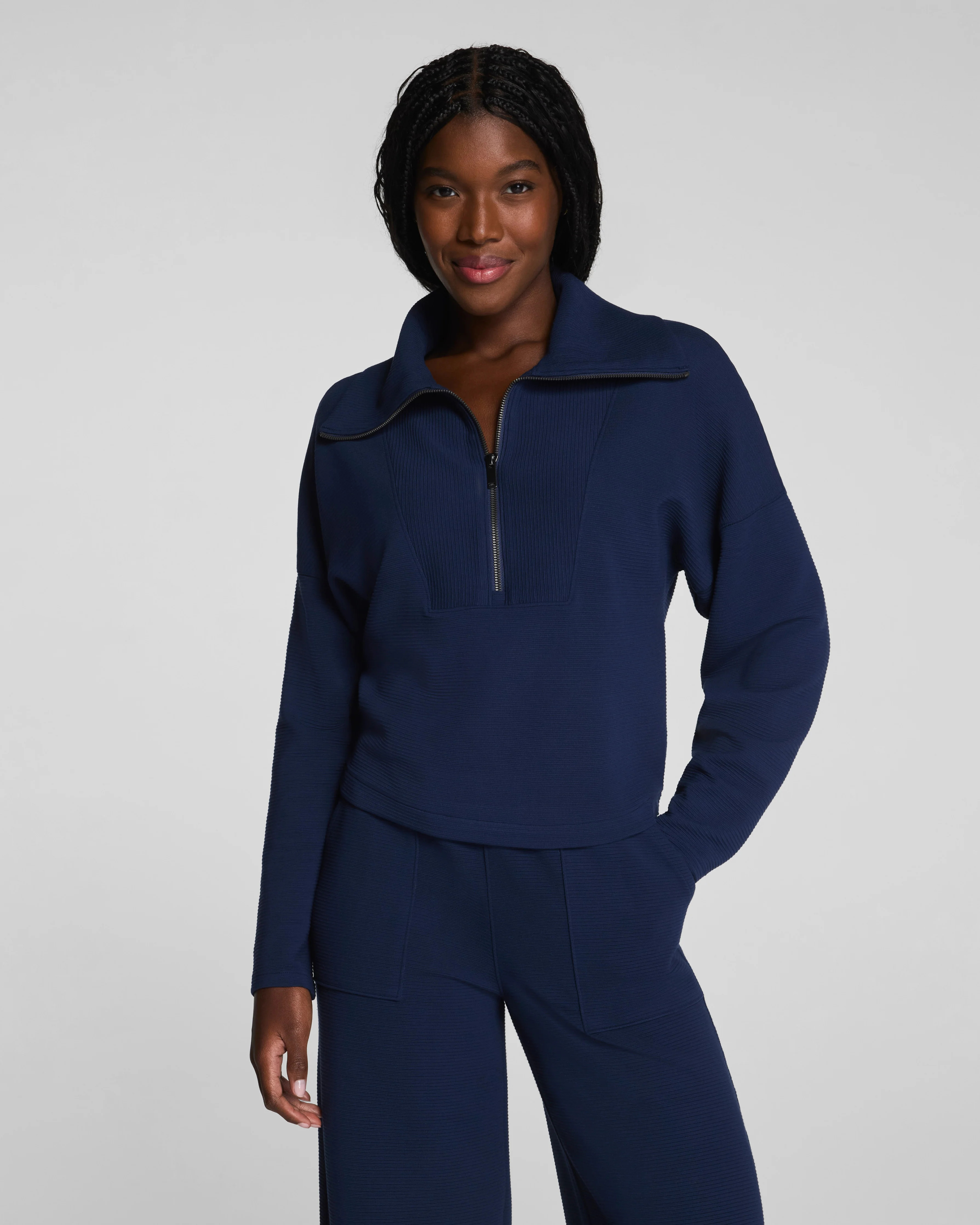 Spanx Women's SPANX AirEssentials French Rib Half Zip Top in Timeless Navy | Spanx