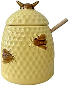 heart & home Ceramic Honey Jar with Dipper 14 oz, Honey Pot with Lid and Wood Dipper, Yellow | Amazon (US)