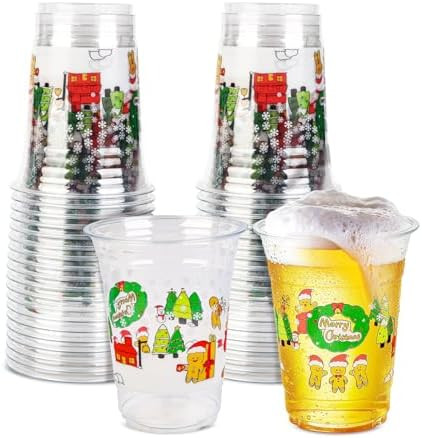 48 Pack 16oz Christmas Disposable Plastic Cups | Clear Santa & Snowflake Design for Xmas Holiday ... | Amazon (US)