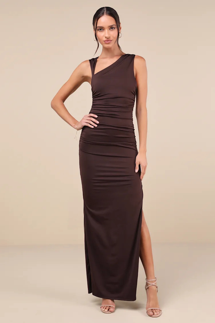 Enticing Darling Dark Brown Asymmetrical Ruched Maxi Dress | Lulus