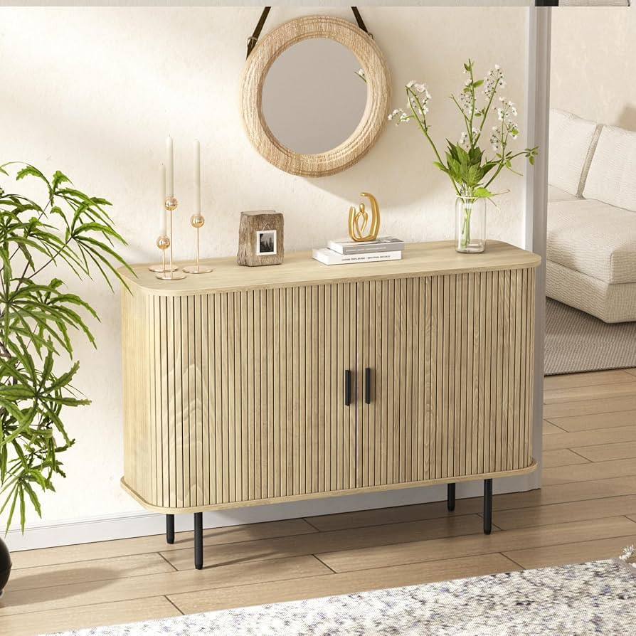 47''W x 32''H Natural Buffet Sideboard Cabinet with Storage, Fluted Storage Cabinet with Curvy Ed... | Amazon (US)