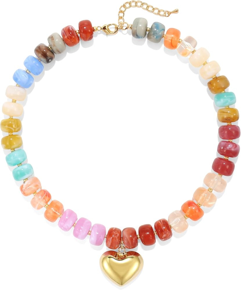 Chunky Heart Necklace for Women, Colorful Acrylic Beaded Statement Puff Heart Necklace, Cute Boho... | Amazon (US)