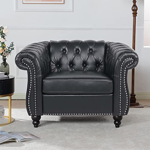 LEVNARY Leather Upholstered Armchair, Mid-Century Modern Single Sofa Chair with Rolled Arms and Nailhead, Tufted Pu Leather Chesterfield Chair for Home Bedroom Reading Room (Black) | Amazon (US)