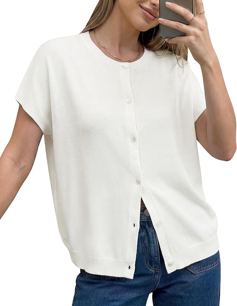 Arach&Cloz Women's Wool Blend Oversized Lightweight Cardigan Short Sleeve Summer Casual Sweaters ... | Amazon (US)