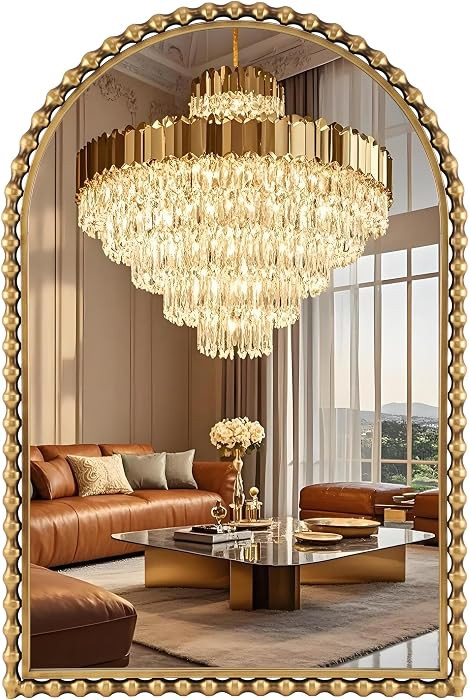 24x36 Inch Arched Wall Mirror with Bold Antique Gold Beaded Frame, Decorative Vintage Mirror for ... | Amazon (US)