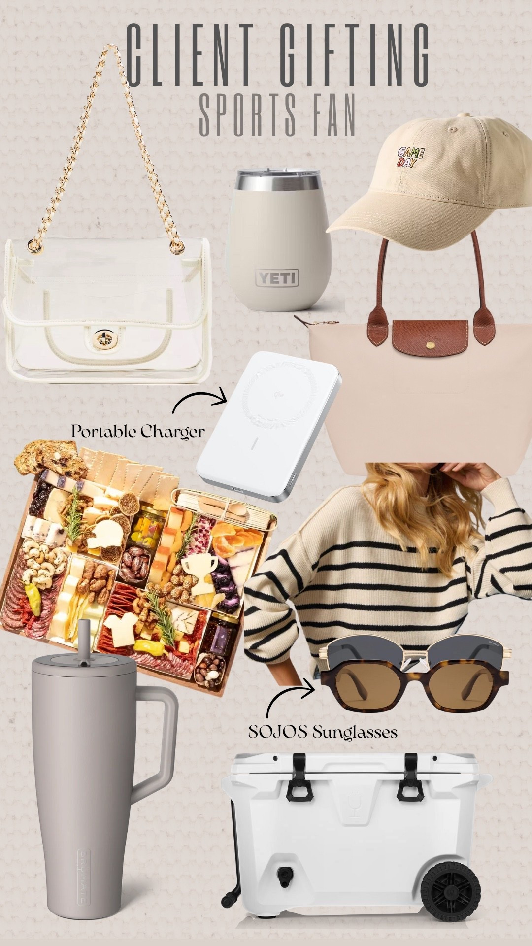 Client gift giving but sports edition! Perfect gifts to get a sports lover! 

Client Gifts Sojos Glasses Longchamp Bag Striped Sweater Baseball Cap Brumate Charcuterie Board Portable Charger Yeti Tumbler 