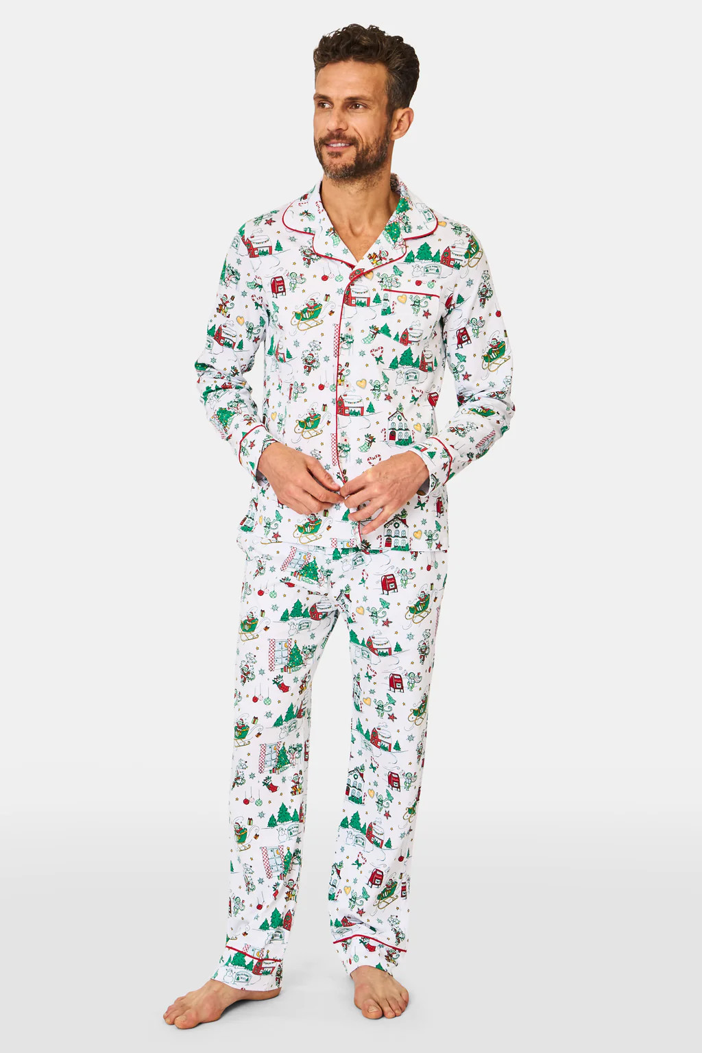 Mens Snow Village Long Sleeve Polo Pajamas | Roller Rabbit