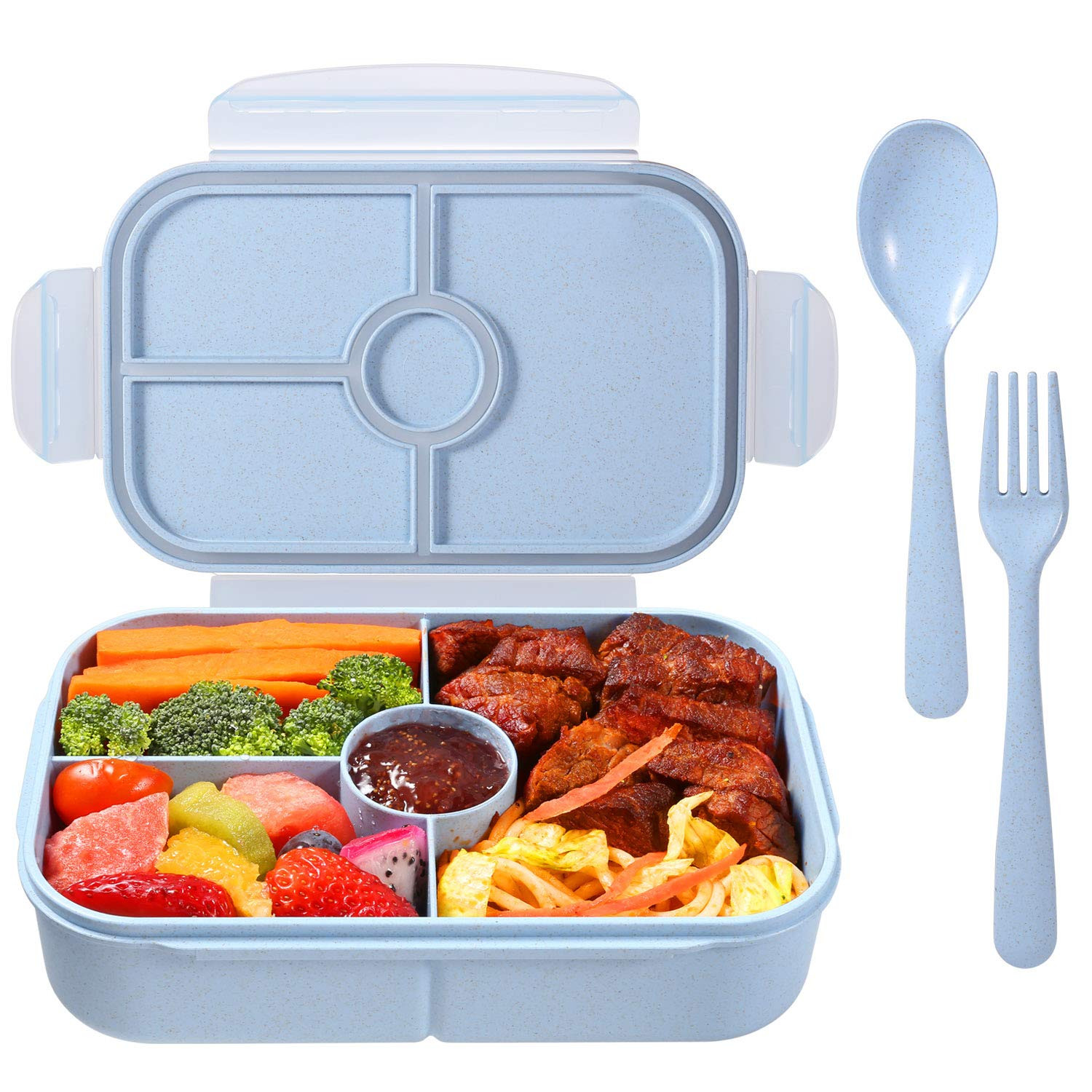 Jeopace Bento Box for Kids Lunch Containers with 4 Compartments Kids Bento Lunch Box Microwave/Freezer/Dishwasher Safe (Flatware Included,Light Blue) | Amazon (US)