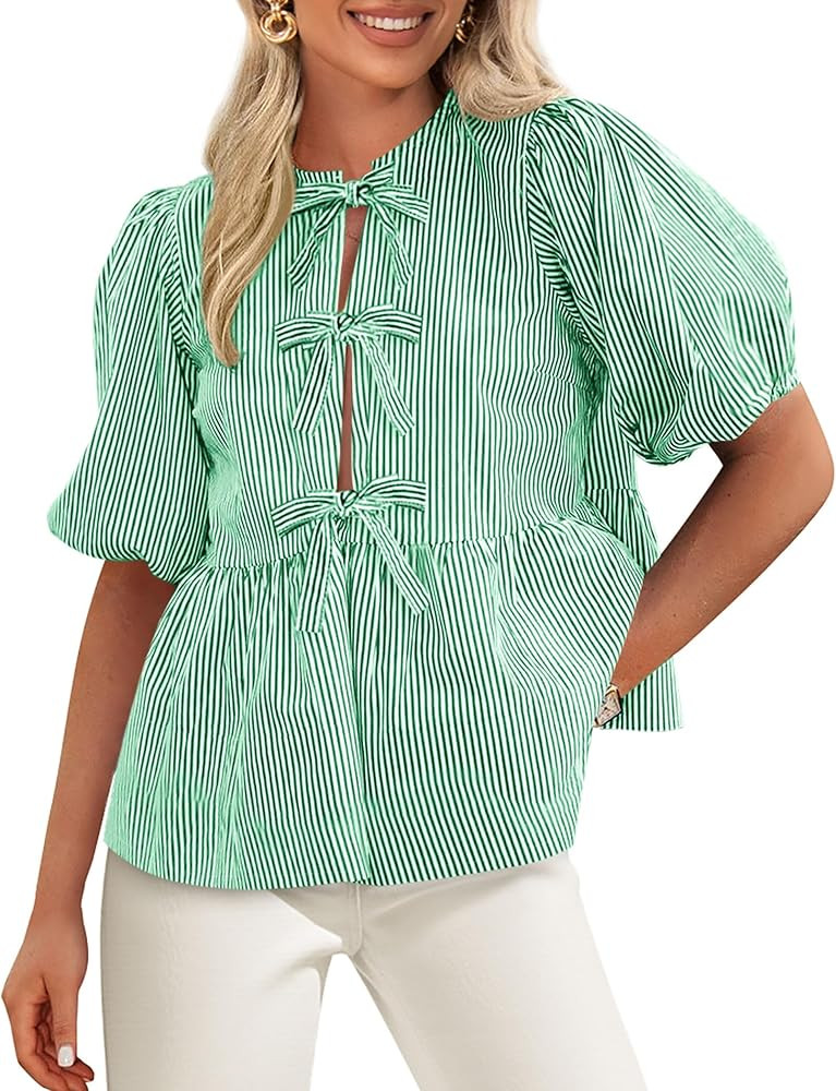 PRETTYGARDEN Women's Tie Front Striped Shirt 2026 Summer Trendy Fashion Cute Babydoll Tops Peplum... | Amazon (US)
