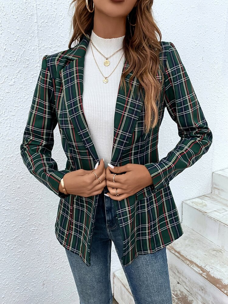 Tartan Single Button Blazer | SHEIN