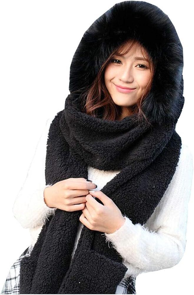Winter Warm Women Hoodie Hat/Scarf/Gloves Set Soft Plush Thick Warm Hat | Amazon (US)
