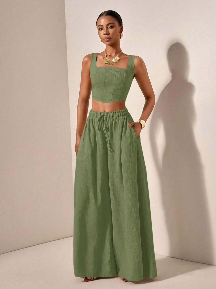 Zivah New Vacation Casual Herringbone Camisole And Wide Leg Pants With Pockets, 2 Pieces Textured Fabric Set - B Wide Leg Two Piece Set Green Two Piece Set Linen Two Piece Set | SHEIN
