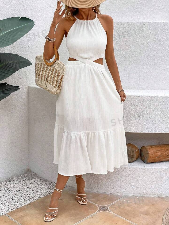 SHEIN VCAY Women's Solid Colored Textured Dress With Hollow Out Waist And Halter Neck For Vacatio... | SHEIN