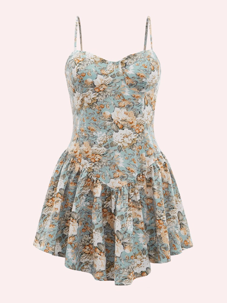 SHEIN VCAY Plus Floral Print Ruffle Hem Bustier Cami Dress | SHEIN