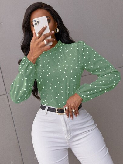 Confetti Heart Print Bishop Sleeve Frilled Neck Blouse SKU: sw2204111827864228(1000+ Reviews)$15.... | SHEIN