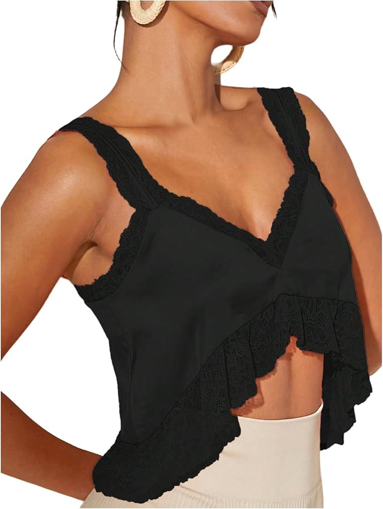 SOLY HUX Women's Satin Crop Top Lace Trim Sleeveless Asymmetrical Tank Shirt Going Out Tops | Amazon (US)