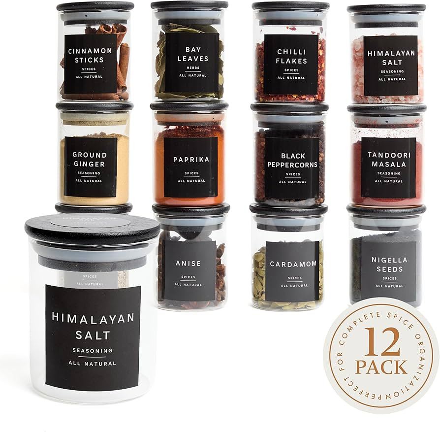 Glass Spice Jars with Labels-12 Pack- 6.8oz- 360 Labels- Spice Containers Bamboo Lids -Spices Org... | Amazon (US)
