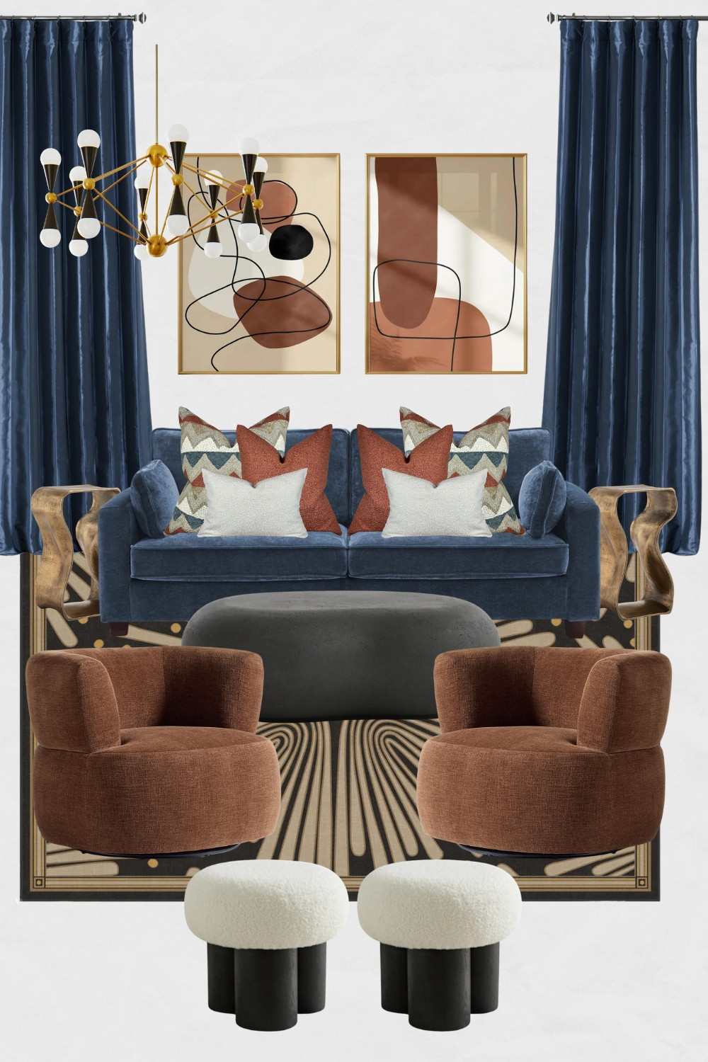 Blue and Rust Living Room Moodboard, Eclectic Living Room Decor, Bold and Moody living room design, Glam Living room design ideas

#homedecor #interiordesign #glam #eclecticlivingroom #boldandmoodyinteriors #abstractart #bluecouch #homeinspo #instahome 

 #LTKHome #LTKSaleAlert