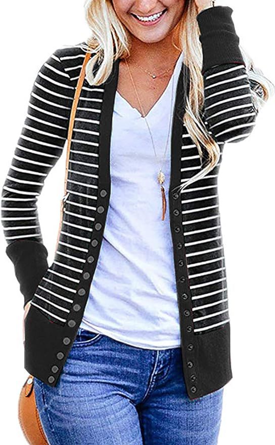 CinShein Women's Striped Cardigan Button Down Knitwear Striped Long Sleeve Knit Ribbed Neckline S... | Amazon (US)