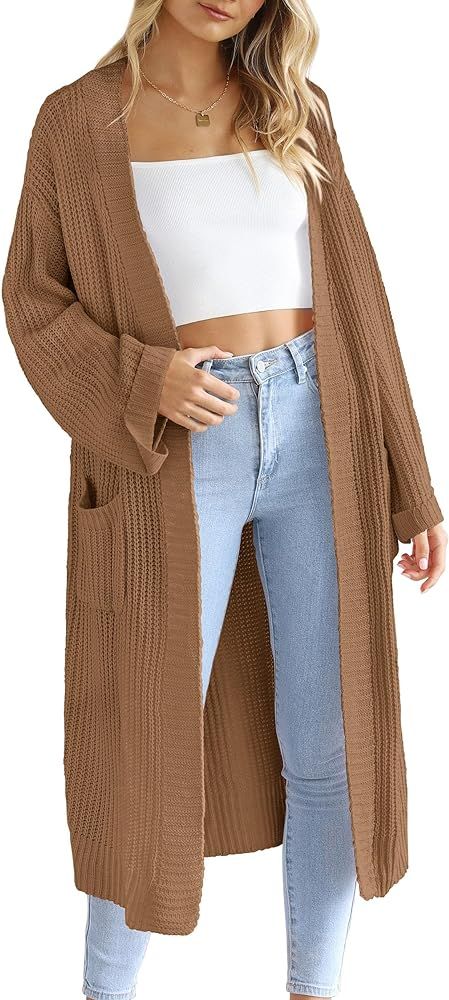 Women's 2023 Fall Long Cardigan Sweaters Open Front Long Sleeve Loose Fit Pockets Knit Sweater Co... | Amazon (US)