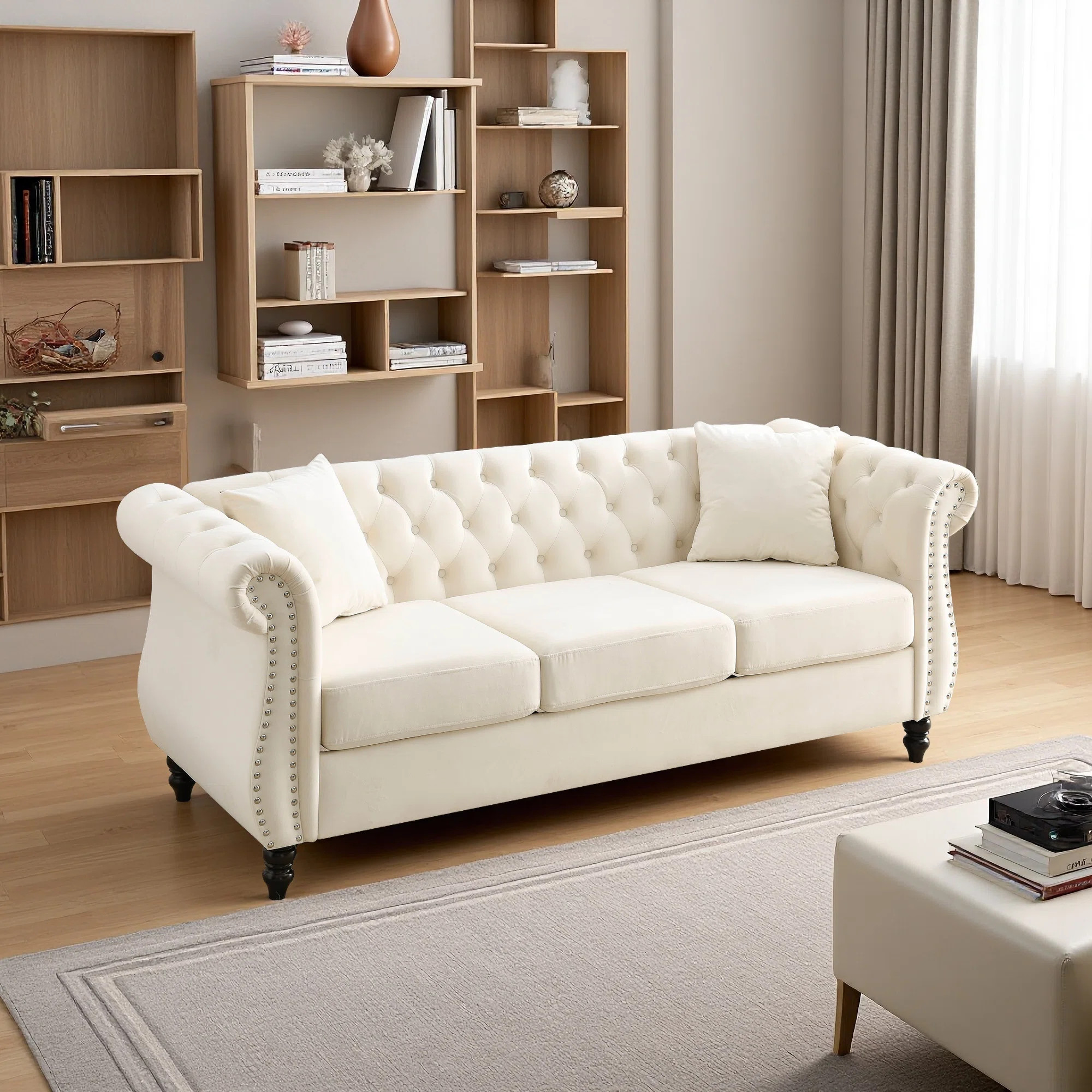 80" Velvet Chesterfield Sofa, 3 Seater Sofa Tufted Couch With Rolled Arms And Nailhead, BeigeByHo... | Wayfair North America