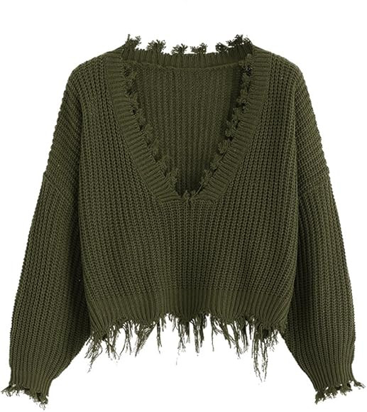 ZAFUL Women's Loose Long Sleeve V-Neck Ripped Jumper Pullover Knit Sweater Crop Top | Amazon (CA)