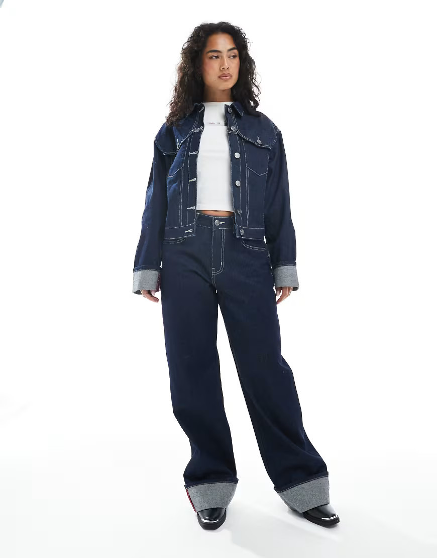 Daisy Street wide leg denim jeans with turn up cuffs in navy indigo co-ord | ASOS (Global)