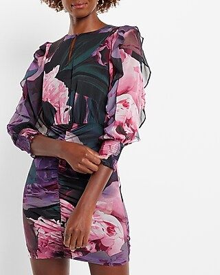 Floral Ruffle Sleeve Ruched Mini Sheath Dress | Express