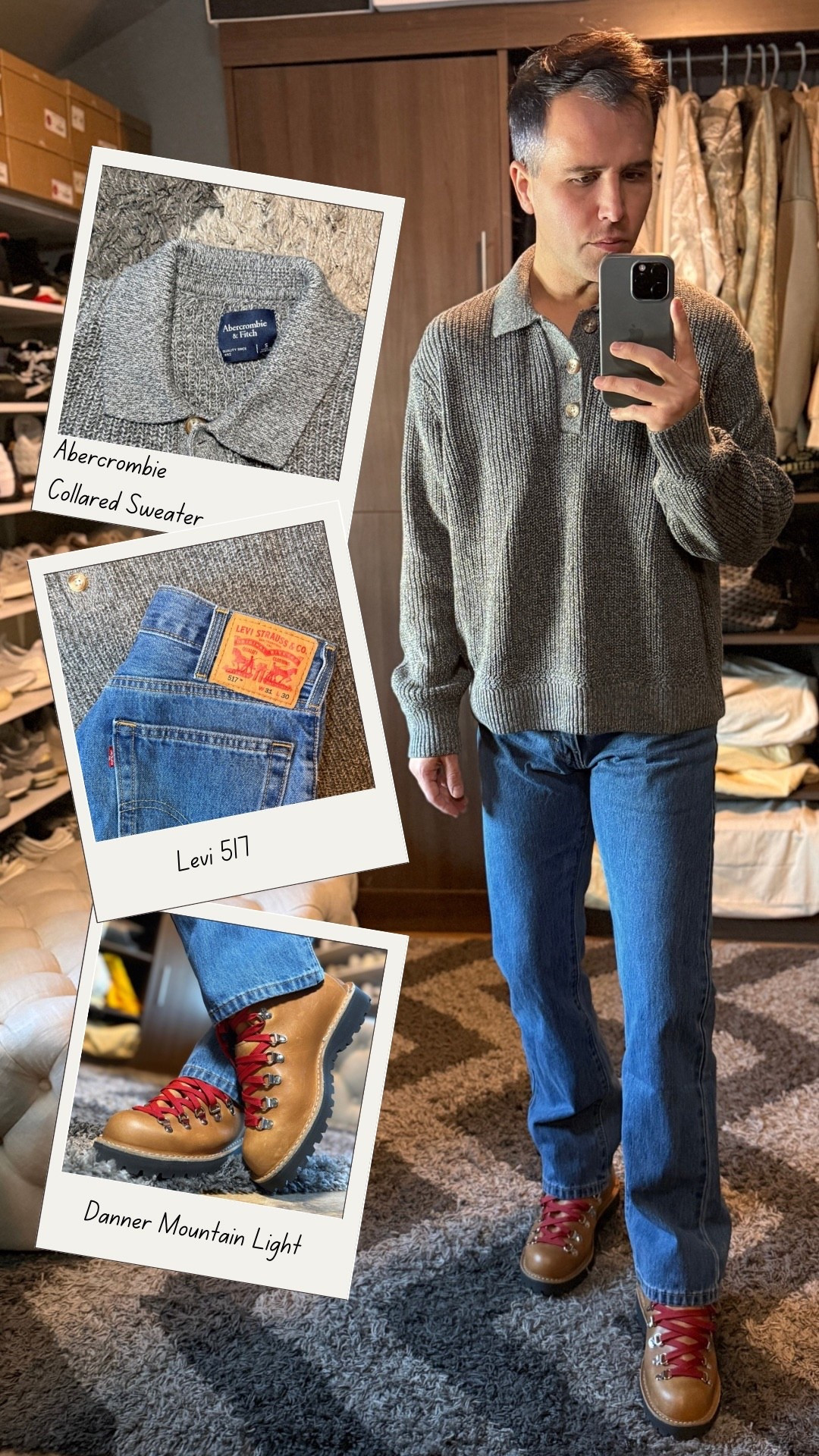 A clean, everyday outfit that leans classic and timeless. The Abercrombie collared sweater is a perfect fit with classic Levi 517. It has a vintage inspired fit vibe. Finished with Danner Mountain Light boots for durability and a rugged edge. This is an easy go-to for casual days, fall weekends, or anytime you want comfort with a classic silhouette.