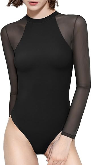 PUMIEY Mesh Long Sleeve Bodysuit for Women Crew Neck Body Suits Sexy Sheer Tops Smoke Cloud Pro C... | Amazon (US)