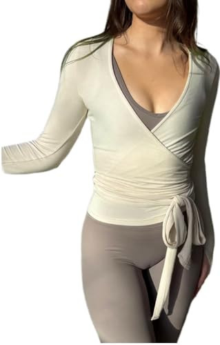 Y2k Ballet Pilates Wrap Top for Women Yellow Workout Yoga Dance Long Sleeve Wrap Shirt Slim Tie Front Going Out Crop Tops | Amazon (US)