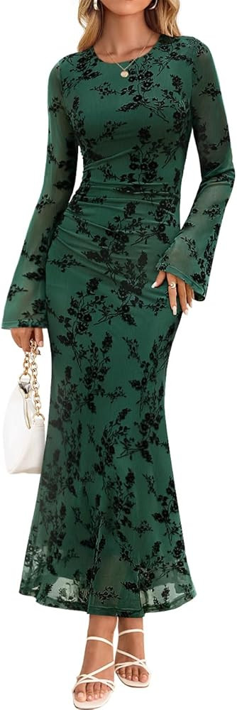 ZESICA Women's Long Sleeve Floral Bodycon Dress 2025 Fall Fashion Ruched Mesh Wedding Guest Cockt... | Amazon (US)