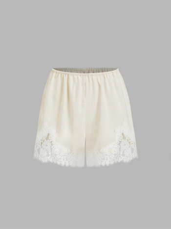 Wuthering Romance Satin Satin Mid Rise Solid Elastic Waist Floral Lace Shorts For Daily Casual | Cider