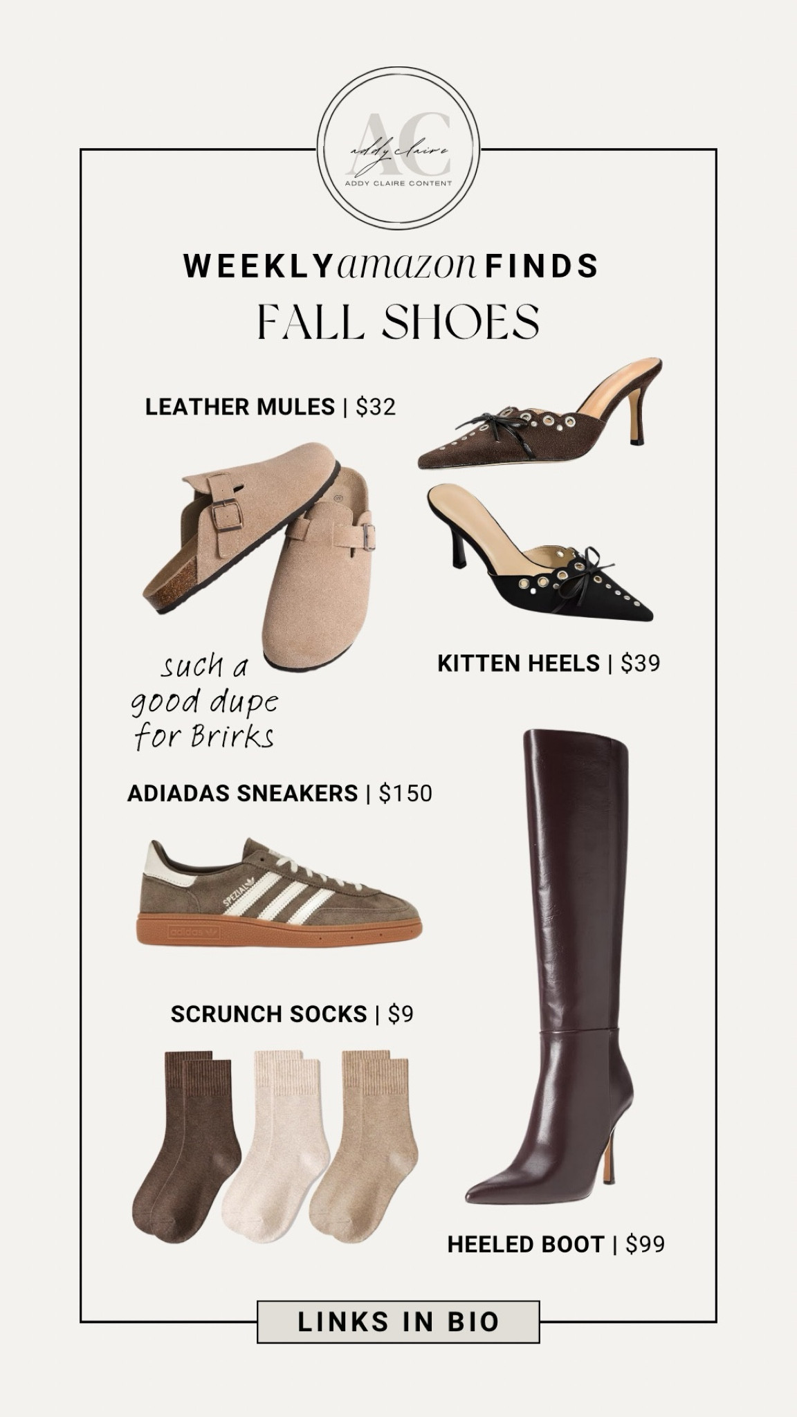 my top picks for this week's Amazon fall shoe finds! 🍂👠 

1. **Leather Mules** ($32) – Chic and comfortable, perfect for transitioning between seasons. 
2. **Kitten Heels** ($39) – A stylish and versatile option that pairs well with any outfit. 
3. **Adidas Sneakers** ($150) – A trendy choice that’s great for casual outings and super comfortable! 
4. **Scrunch Socks** ($9) – Ideal for adding a cozy touch to your fall footwear. 
5. **Heeled Boot** ($99) – A must-have for your fall wardrobe, perfect for dressing up any look!

I love how these shoes elevate my fall style while keeping it comfy. Tap the link in my bio to shop these fabulous finds! #FallShoes #AmazonFinds #FashionFavorites

#LTKShoeCrush #LTKStyleTip #LTKFindsUnder50