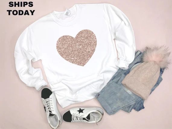 Valentines shirt - Rose Gold Glitter Heart Sweatshirt - Valentines Sweatshirt - Womens Valentines... | Etsy (US)