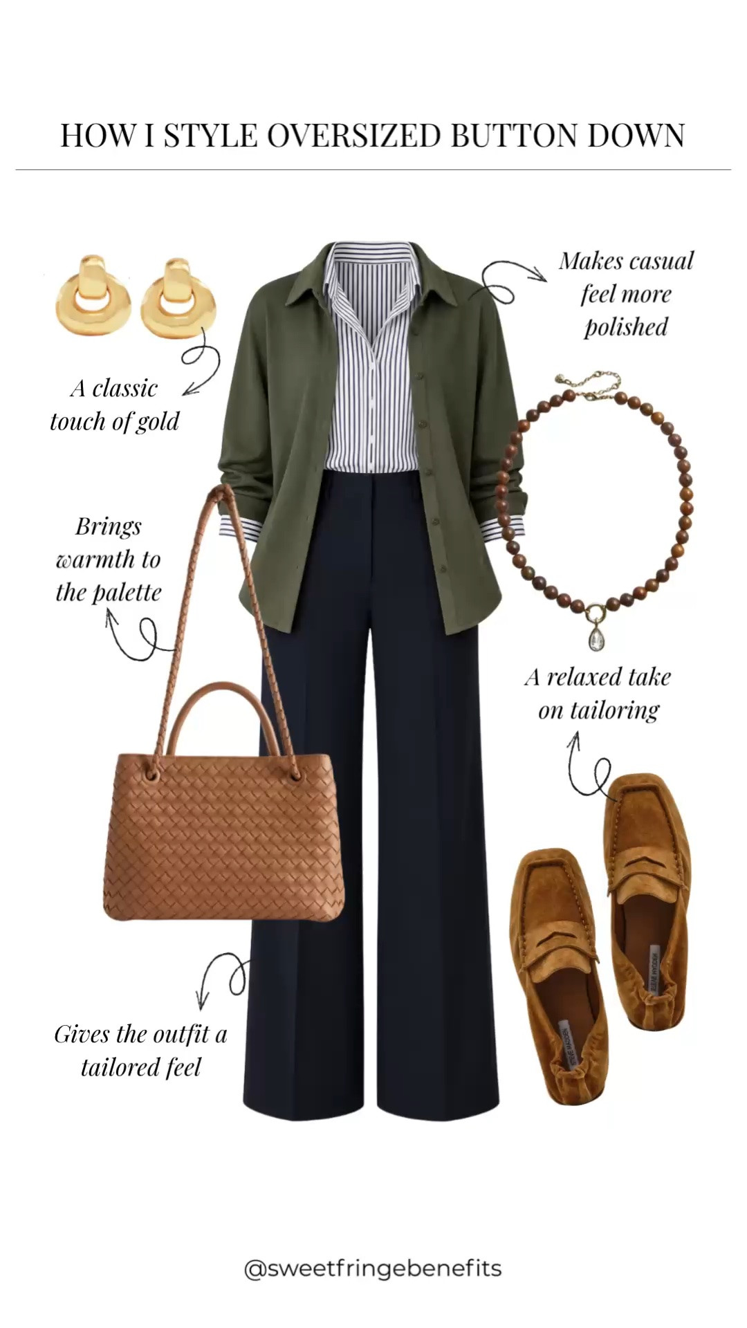 This is such a good example of how an oversized button-down can still feel pulled together. I love the mix of the relaxed olive shirt with tailored navy pants, and the brown bag and loafers warm the whole outfit up.

#LTKdayinmylife #LTKgrwm #LTKootd