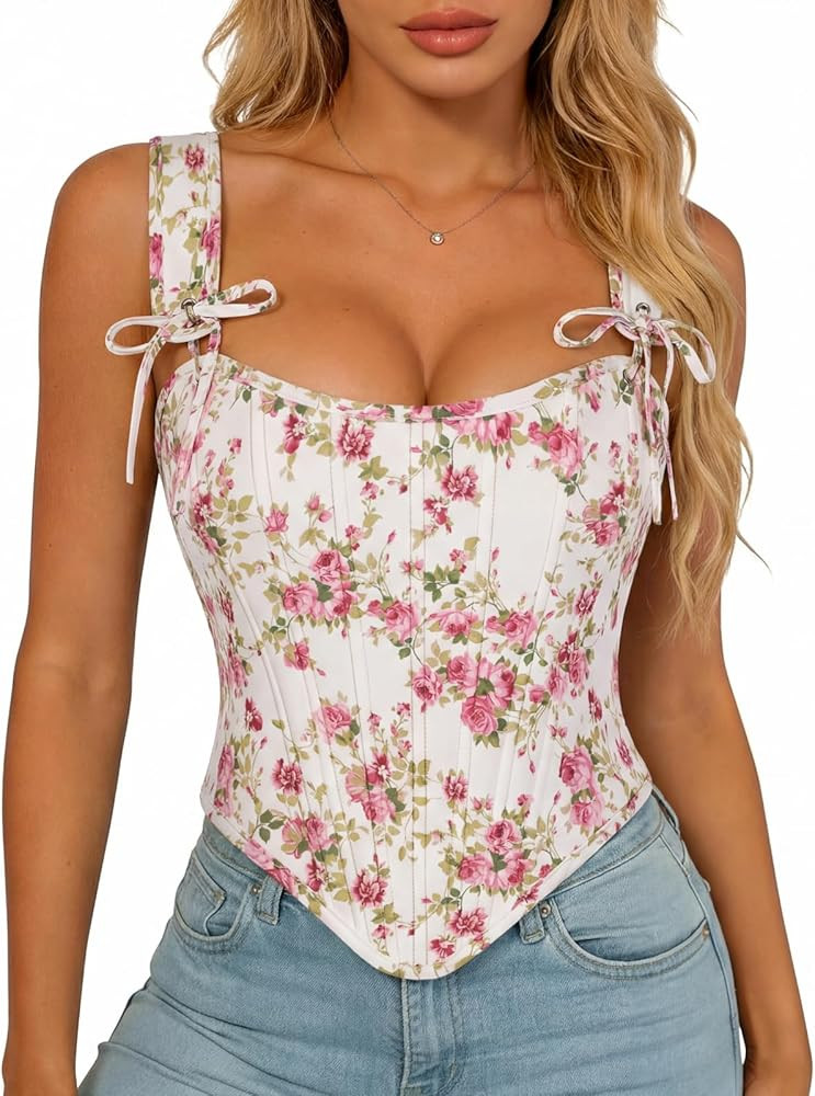 Scarlet Darkness Floral Corset Tops for Women Renaissance Corset Boned Lace Up Bustier Tops | Amazon (US)