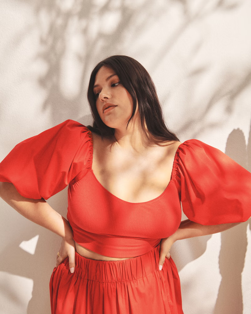 Puff Sleeve Mixed Fabric Top | Abercrombie & Fitch (US)