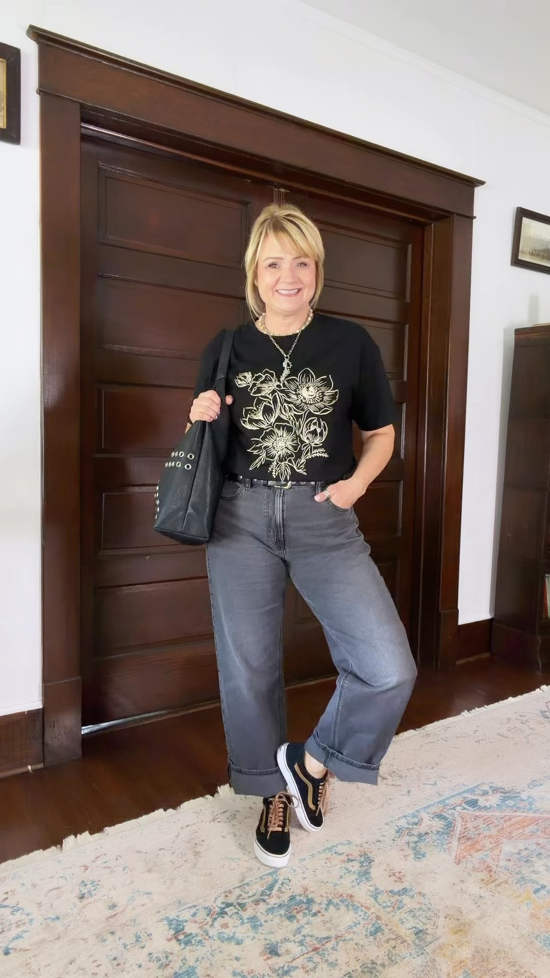 Friday Fit 🖤🖤 wearing my true size in the jeans.   Sized down in the T-shirt (it’s oversized). 
**The description on these jeans say Low rise.    They ARE NOT low rise.

#LTKootd #LTKOver40